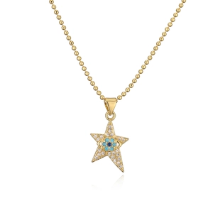 Gold plated star necklace featuring blue evil eye pendant with clear zircon inlay