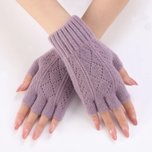 Close-up of light purple knitted fingerless gloves with elegant hollow diamond pattern