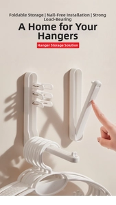 Detail of wall-mounted folding hanger organizer with non-slip hooks and clips