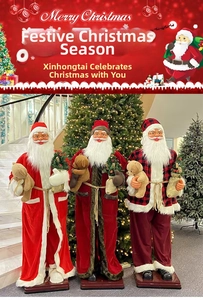 Detail of 1.8m musical Santa Claus statues with teddy bears and mini Christmas trees