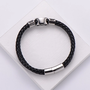Black double-layer braided leather bracelet with stainless steel Star of David magnetic clasp