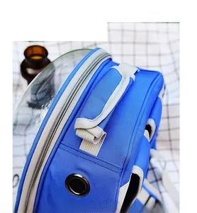 Close-up of blue pet carrier bag with clear window, reinforced handle and metal air vents