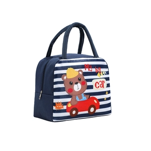 Blau gestreifte isolierte Lunchtasche mit süßem Bären-Auto-Motiv für Kinder und Schule