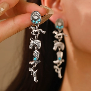 Boucles d'oreilles cowboy vintage avec perles turquoise, chapeau, cheval et bottes