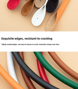 Close-up of colorful leather bag handles with reinforced edge sealing technology