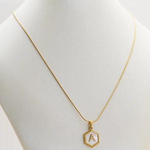 Golden titanium steel necklace with hexagon shell pendant and letter A on white model neck