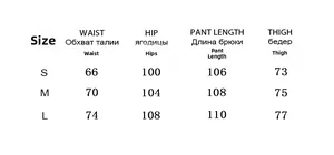 Size chart for women's two-piece sports set with waist, hip and length details