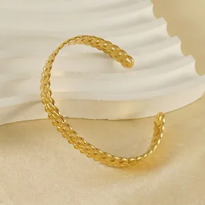 Bracelet Jonc Ouvert Chaîne Creuse Femme Plaqué Or 18K Acier Inoxydable Minimaliste Géométrique En Forme De C