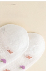 Macro shot of breathable mesh baby socks featuring pure hand-linked toe seams and floral patterns