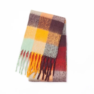 Regenbogen-Karoschal aus Mohair mit Fransen in Braun Orange und Grau