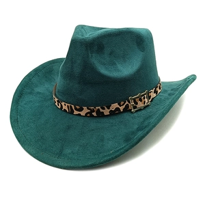 Detail of western cowboy hat in dark green suede with leopard print belt and gold buckle