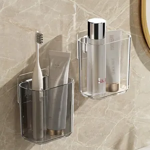 Wall-mounted transparent acrylic bathroom shelf with drill-free adhesive hooks