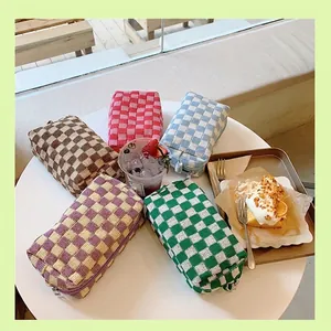 Knitted Checkerboard Cosmetic Bag Contrast Color Wool Pouch Zipper Storage Case For Makeup Stationery Travel Organizing