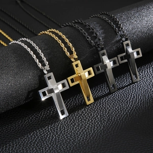 Men's hip-hop double-layered hollow cross pendant necklace in silver, gold and black