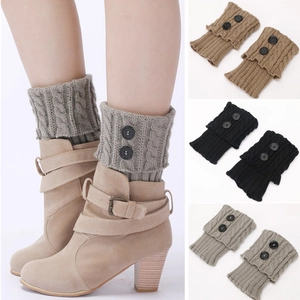 Knitted leg warmers for women with cable knit pattern and buttons in three colors