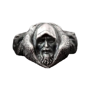 Vintage silver bearded sage ring with wings in a retro Nordic mythical style