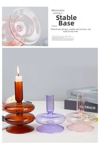 Macro view of stable weighted glass candle holder base in amber and lavender glass