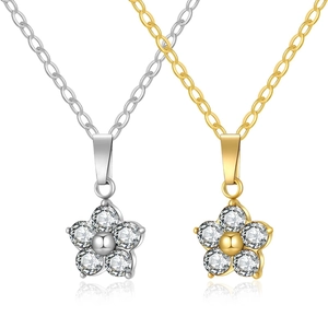 Minimalist stainless steel flower pendant necklaces with zircon stone settings in gold and silver