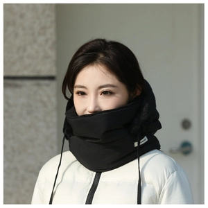 Detailed view of winter neck warmer hood with thick black fleece lining and adjustable drawstring