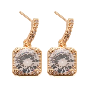18k gold plated square earrings with sparkling cubic zirconia center stones on white background