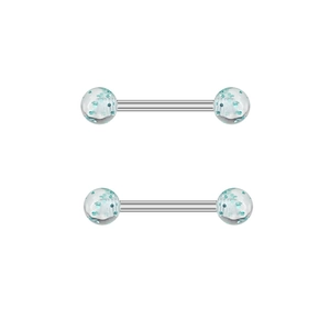 Macro shot of silver nipple bars with transparent blue glitter balls on a white background