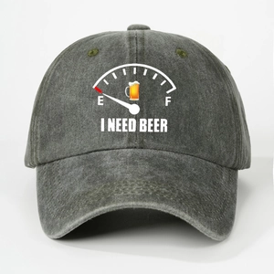 Detailed view of dark grey washed cotton baseball cap with I NEED BEER slogan print