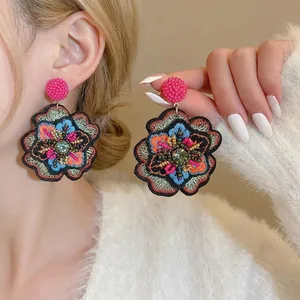 Ethnic style embroidered flower earrings with green crystal and colorful beadwork