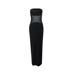 Detail view of the mesh patchwork and bodycon fit on this black tube dress