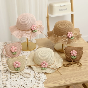 Summer Girls Floral Straw Hat And Bag Set Sun Protection Large Brim Woven Beach Hat Kids Crossbody Bag Outdoor Travel Accessories