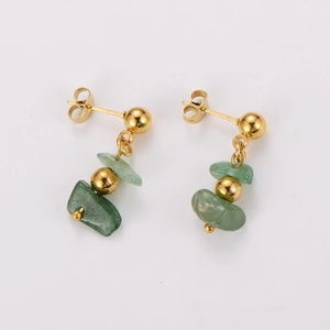 Macro detail of natural green stone beads on gold-plated stainless steel stud earrings
