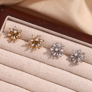 18K gold plated stainless steel firework stud earrings with pearls and cubic zirconia