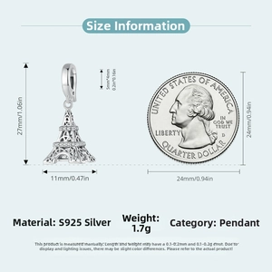 Size specifications for the S925 sterling silver Eiffel Tower charm pendant with coin reference