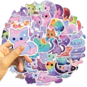 Close-up of colorful starry sky cat stickers with waterproof finish for DIY decoration