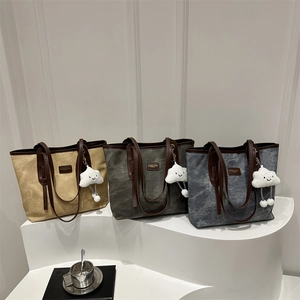 Women Large Capacity Tote Bag Washed Canvas PU Leather Trim Shoulder Bag For Work Commute Simple Fashion Casual Handbag