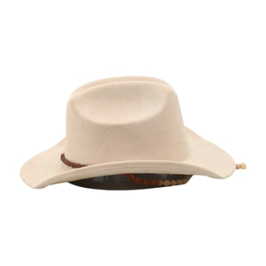 Close-up of cream western cowboy hat with decorative beads and windproof chin strap