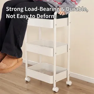 Strong white 3-tier metal rolling utility cart with mesh baskets and heavy load capacity