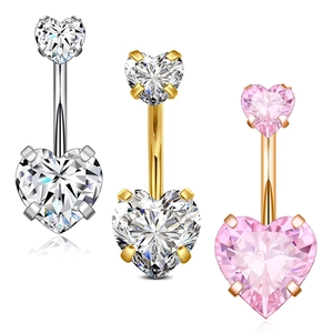 Three-color heart belly rings set in silver, gold and rose gold with sparkling gemstones