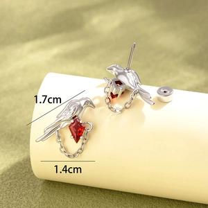 Silver bird earrings with red zircon stones and chain pendants, height 1.7cm