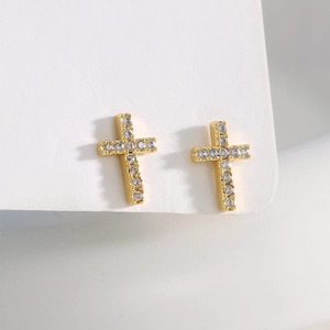 Vintage gold cross stud earrings for women with shimmering pavé zircon stones