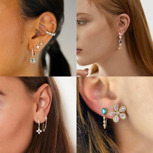 Elegant 925 sterling silver gold earrings collection featuring zircon and gemstone accents