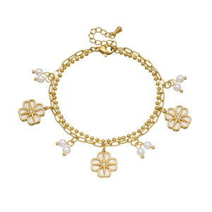 Double-layer gold stainless steel chain bracelet with white flower charms and pearls