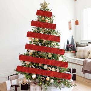 2-meter glittering red Christmas ribbon draped across an indoor decorated Xmas tree