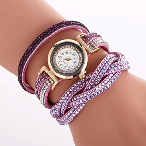 Sparkling wrap-around bracelet watch with pink and purple rhinestone bands for women