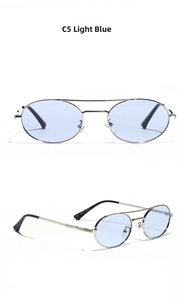 Detail view of silver metal sunglasses with light blue lenses and dual bridge design