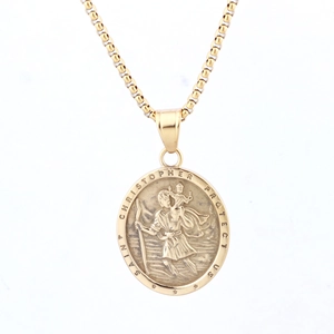Saint Christopher gold oval pendant necklace with Saint Christopher Protect Us engraving