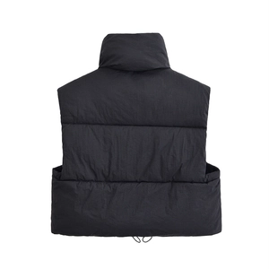 Women's black quilted puffer vest with stand collar and horizontal padding back view