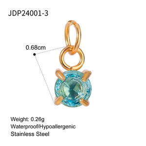 Macro view of gold stainless steel pendant with blue turquoise and size dimensions