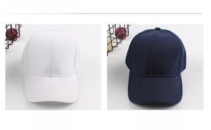 Detail of classic six-panel baseball caps in white and navy blue cotton twill fabric