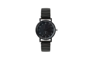 Close-up of minimalist black watch with artistic Arabic numerals and textured strap