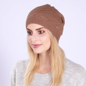 Close-up of brown knit beanie showing hollow texture and breathable stitching